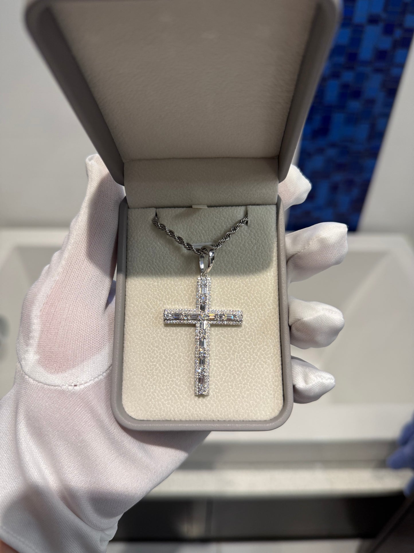 Moissanite Baguette and Round Brilliant Cross Pendant