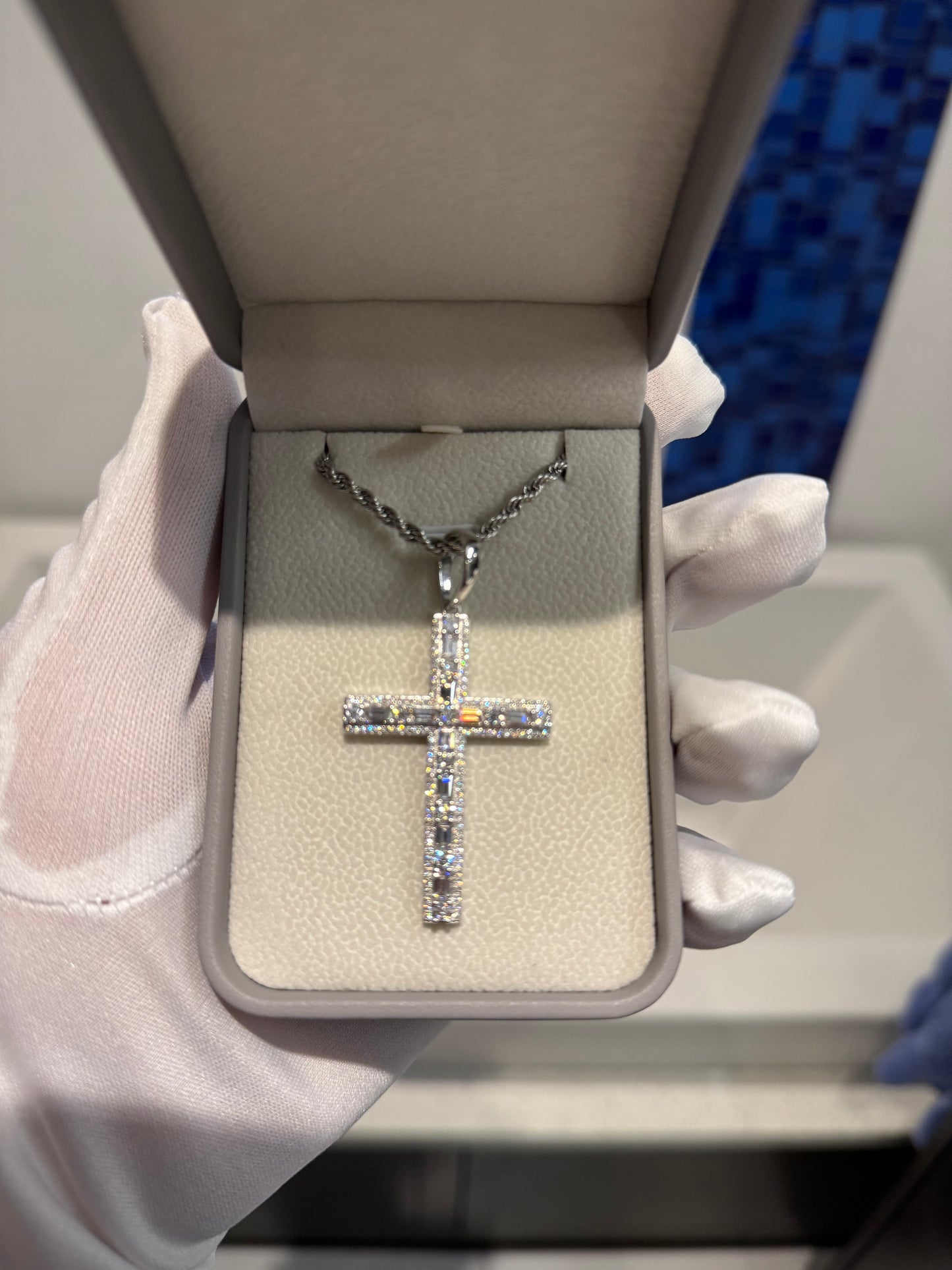 Moissanite Baguette and Round Brilliant Cross Pendant