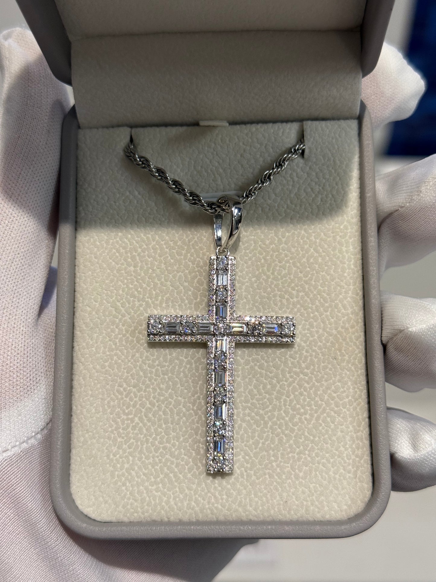 Moissanite Baguette and Round Brilliant Cross Pendant