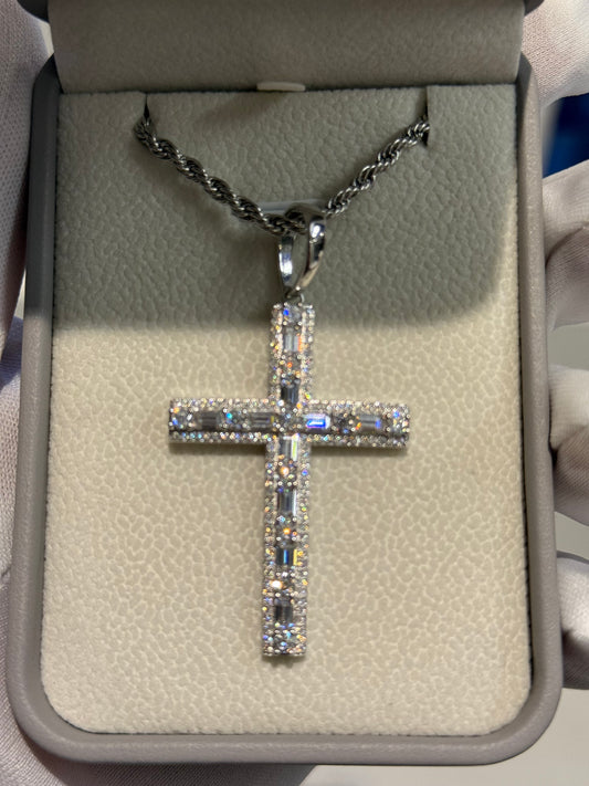 Moissanite Baguette and Round Brilliant Cross Pendant