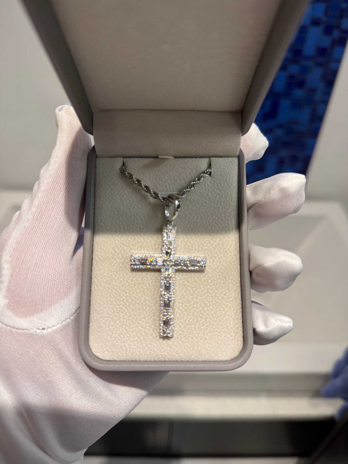Moissanite Baguette and Round Brilliant Cross Pendant